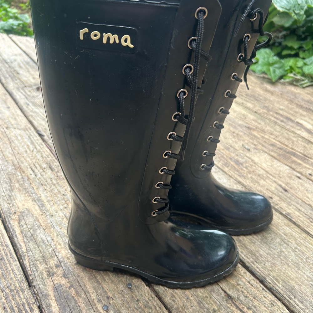 Roma Black Winter Rain Boots with Lace-Up Detail